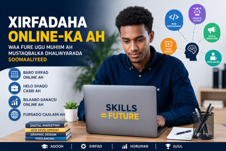 Dhalinyaro Soomaaliyeed oo baranaya xirfadaha online-ka ah iyagoo isticmaalaya laptop iyo internet.