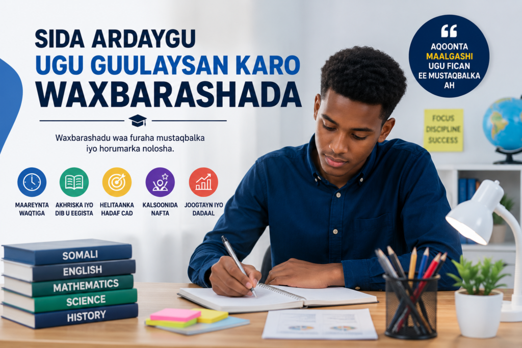 Arday Soomaaliyeed oo si diirad leh wax u baranaya isagoo laptop iyo buugaag isticmaalaya.