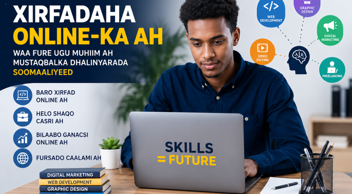Dhalinyaro Soomaaliyeed oo baranaya xirfadaha online-ka ah iyagoo isticmaalaya laptop iyo internet.
