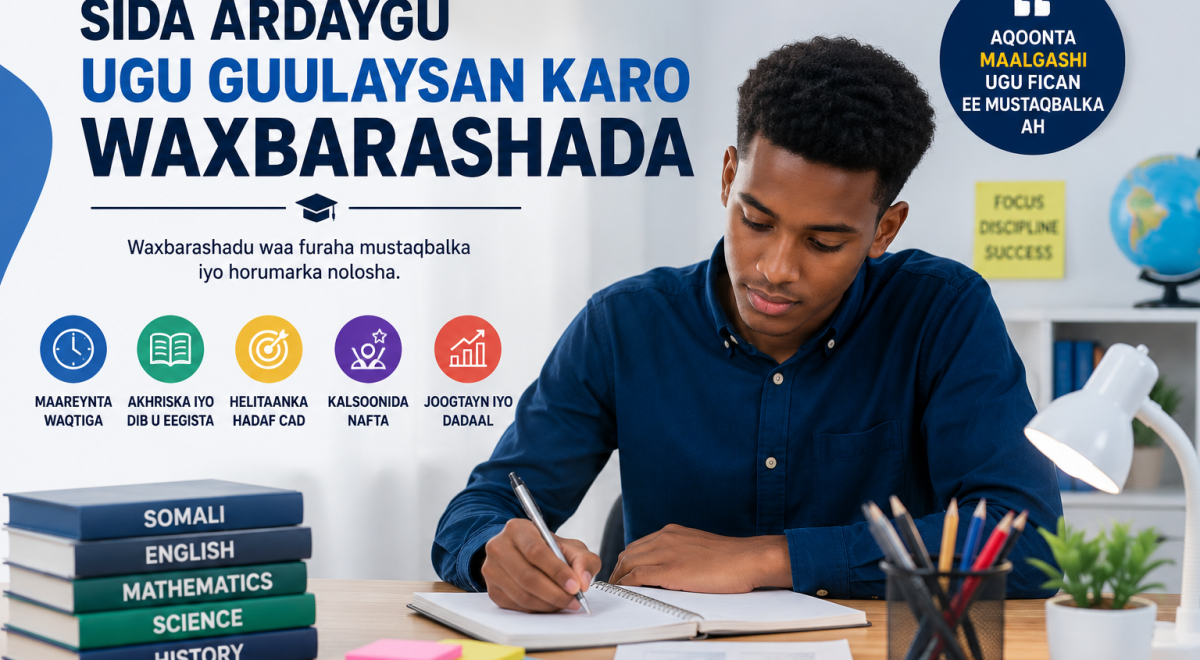 Arday Soomaaliyeed oo si diirad leh wax u baranaya isagoo laptop iyo buugaag isticmaalaya.